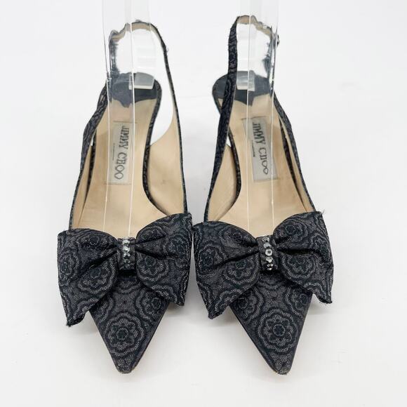Vintage Jimmy Choo Gray Bow Crystal Pointed Toe Slingback Kitten Heel size IT 37 - Picture 5 of 12